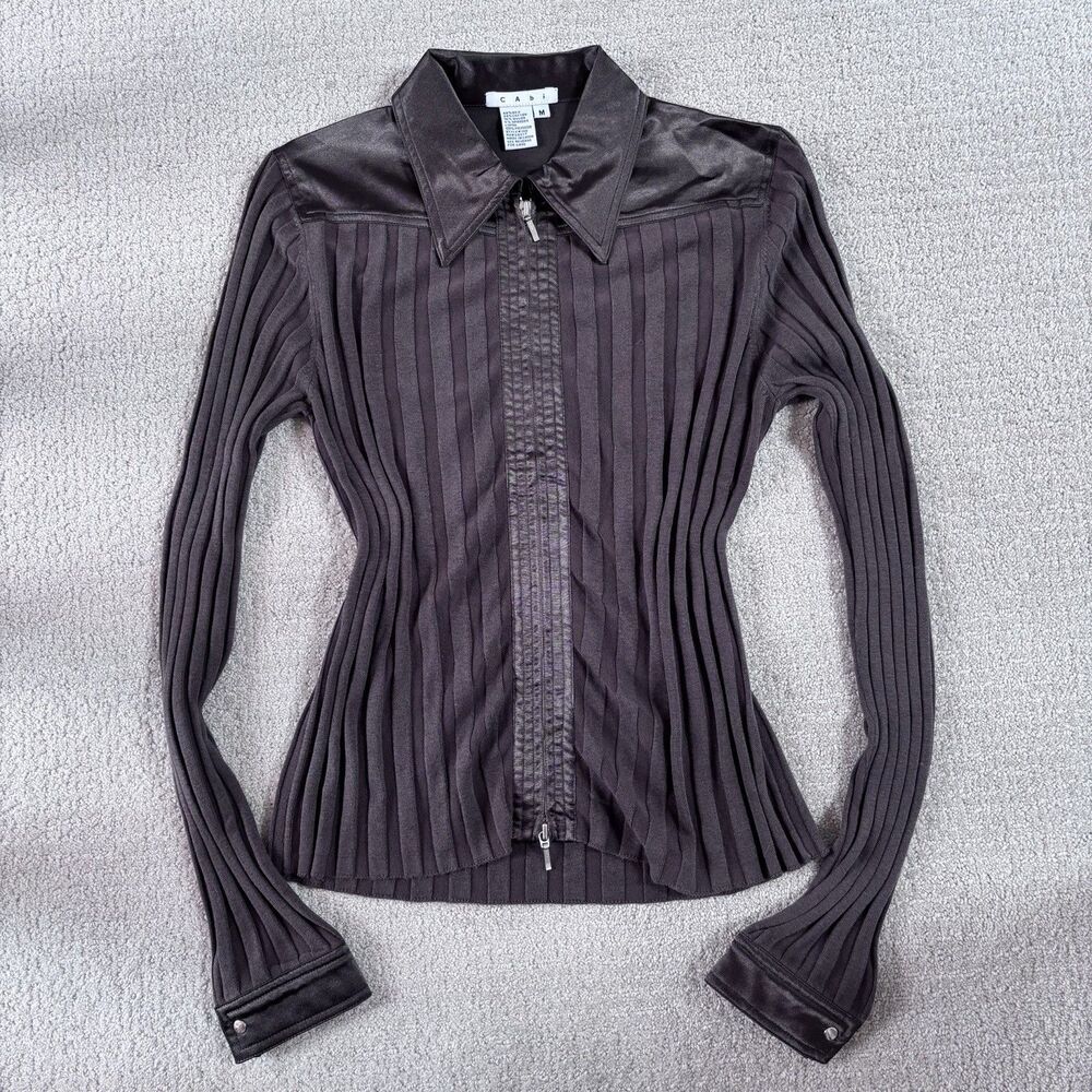 Cabi Sweater Women’s M Brown Full Zip Long Sleeve Ribbed Silk Cotton Blend Y2K